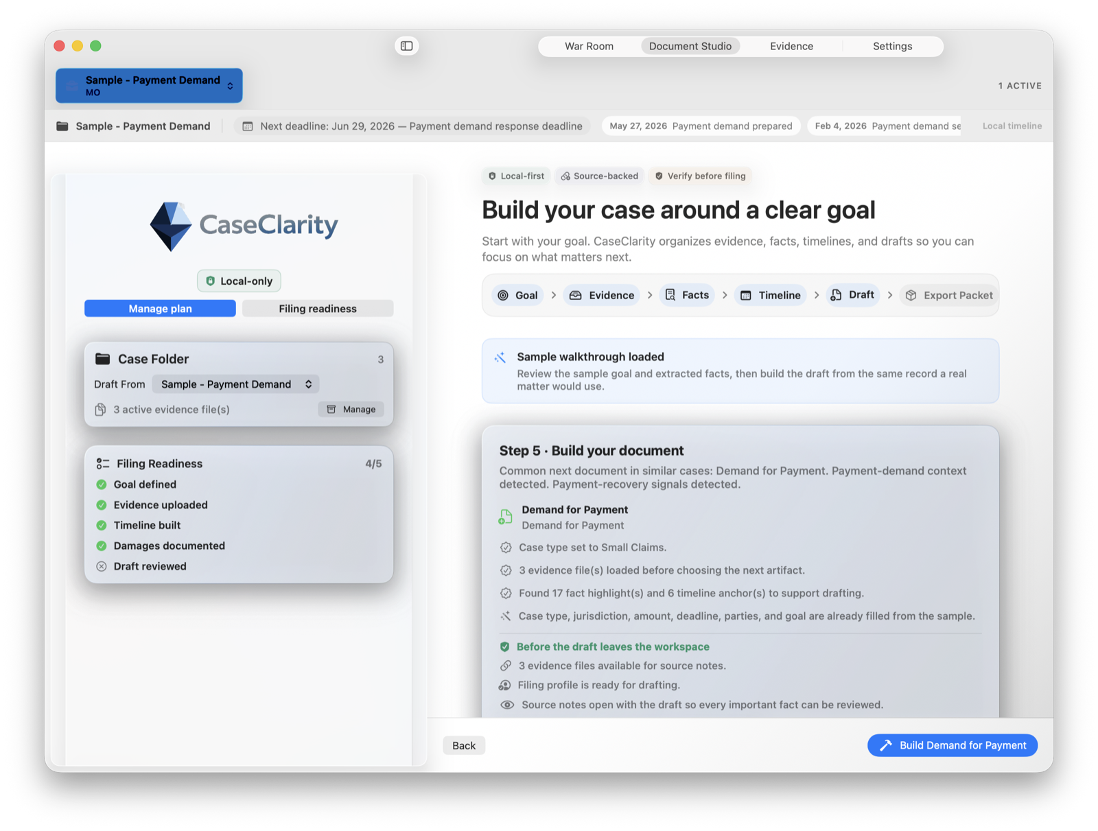 CaseClarity Document Studio building a demand letter from imported evidence