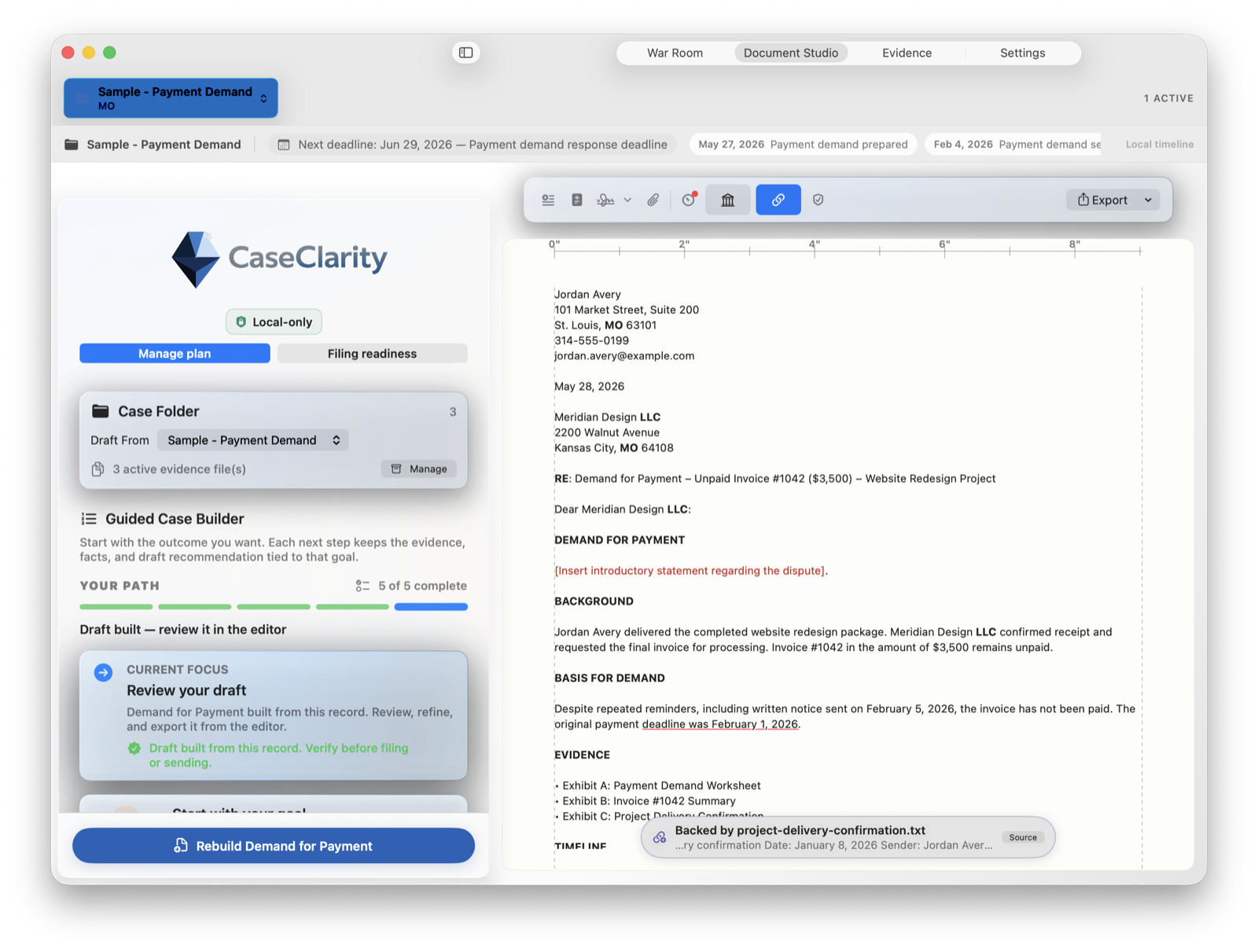 A draft sentence showing its source: Backed by project-delivery-confirmation.txt